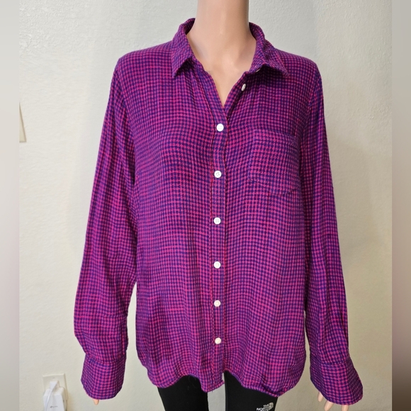 J.Crew Boy FitWomens perfect Shirt Blouse Button Down Purple Pink Plaid M Medium - Picture 1 of 8